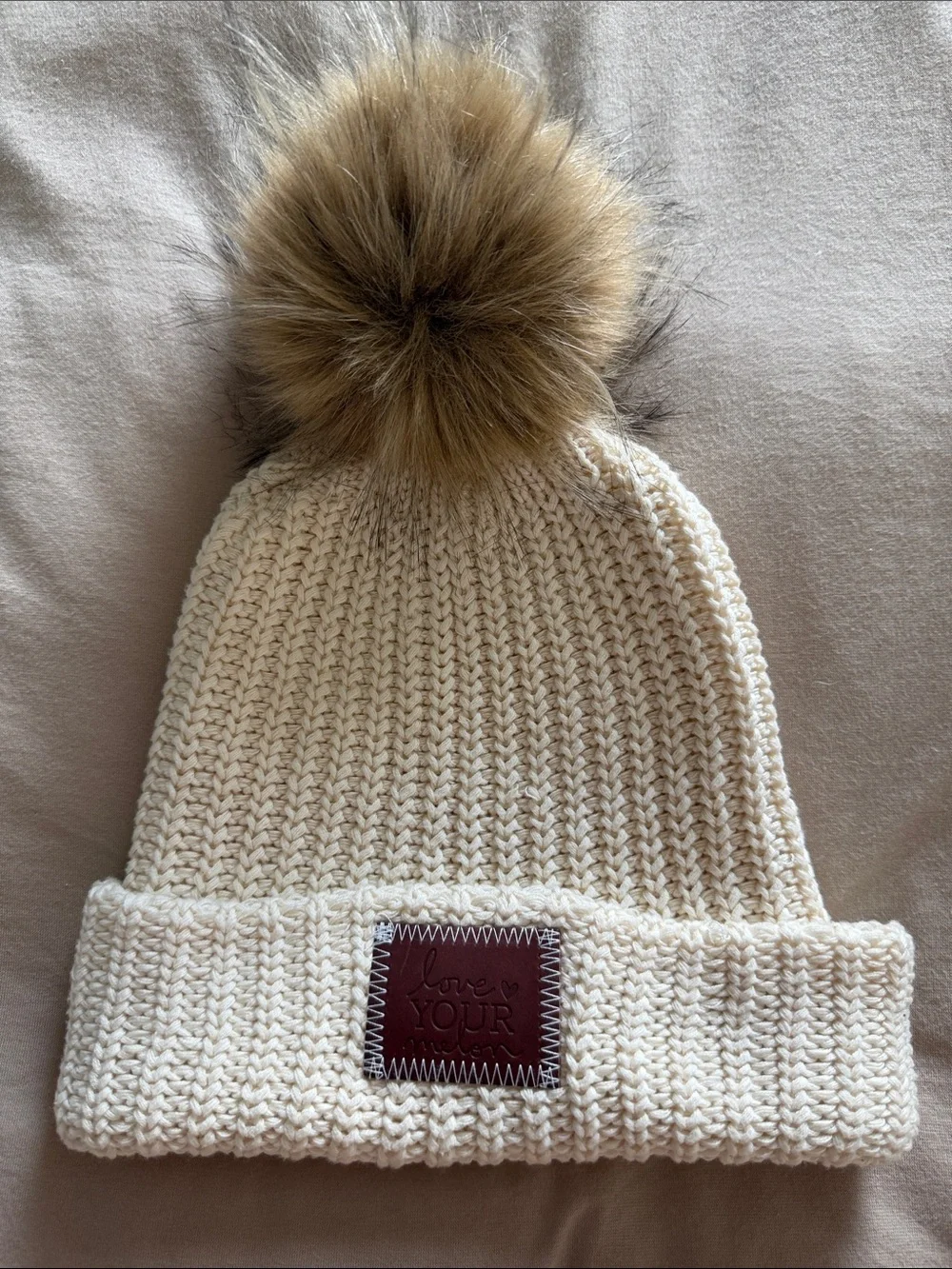 Love Your Melon Cream Knit Beanie with Faux Fur Pom